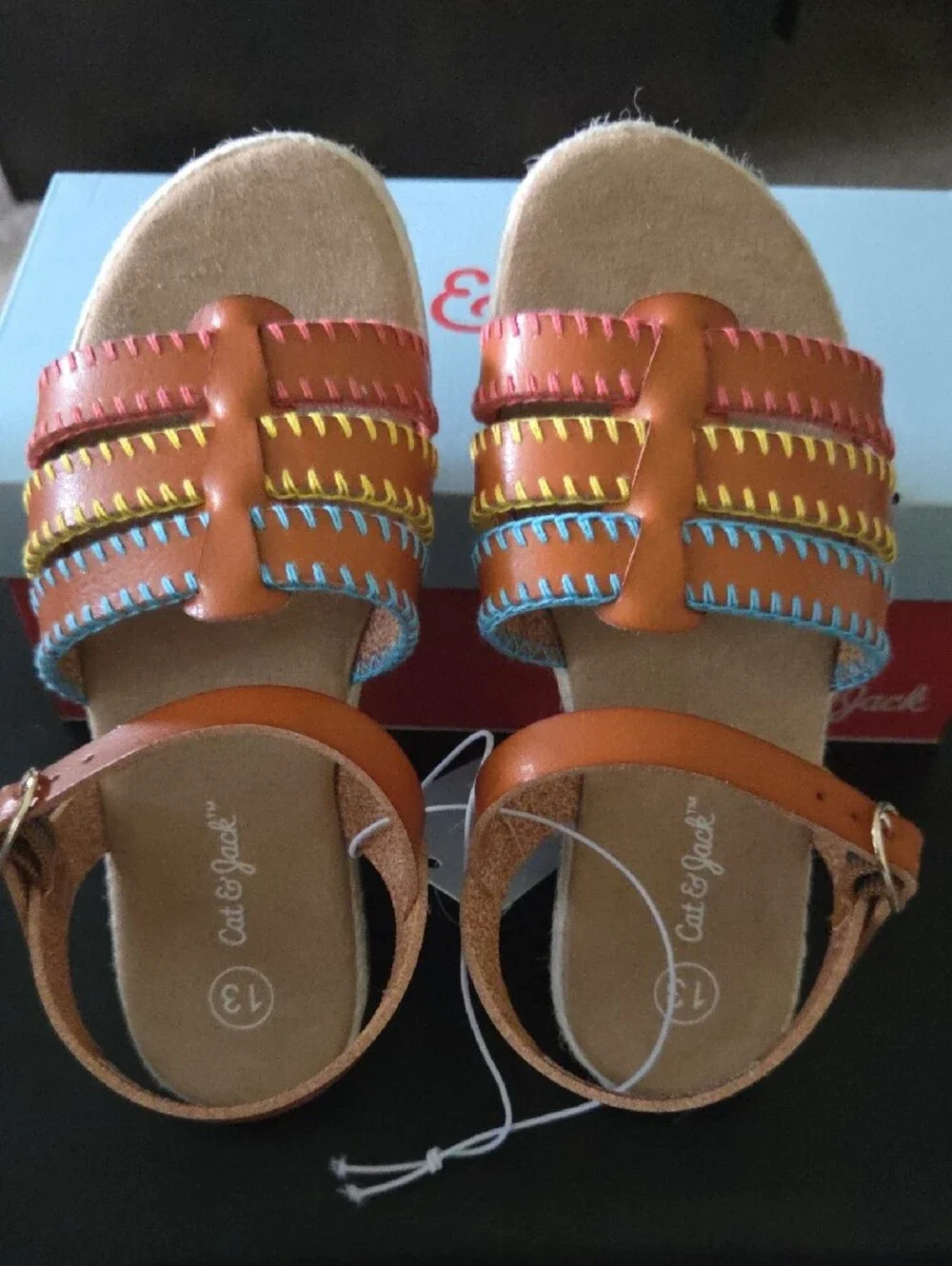 Cat & Jack Brown Girls' Strappy Sandals with Pink Yellow Blue Stitching